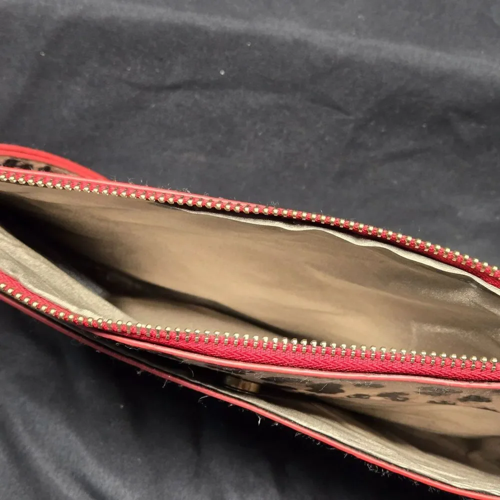 Chicos Leopard Print Wristlet Wallet Set Faux Leather Red Trim Two Piece Clutch